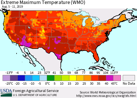 United States Maximum Daily Temperature (WMO) Thematic Map For 8/5/2019 - 8/11/2019