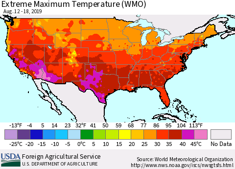 United States Maximum Daily Temperature (WMO) Thematic Map For 8/12/2019 - 8/18/2019