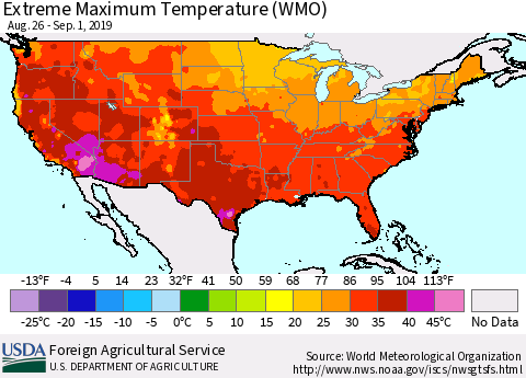 United States Maximum Daily Temperature (WMO) Thematic Map For 8/26/2019 - 9/1/2019
