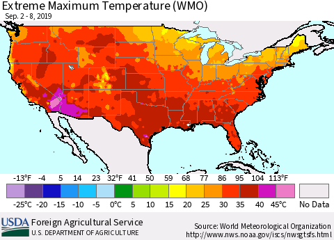 United States Maximum Daily Temperature (WMO) Thematic Map For 9/2/2019 - 9/8/2019