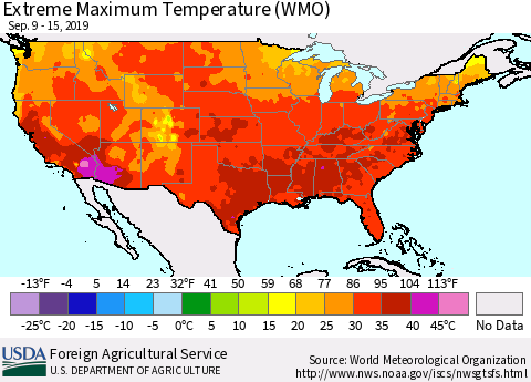 United States Maximum Daily Temperature (WMO) Thematic Map For 9/9/2019 - 9/15/2019