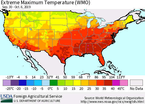 United States Maximum Daily Temperature (WMO) Thematic Map For 9/30/2019 - 10/6/2019