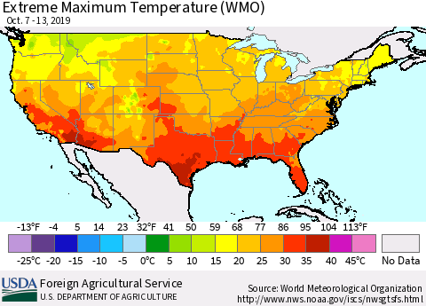 United States Maximum Daily Temperature (WMO) Thematic Map For 10/7/2019 - 10/13/2019
