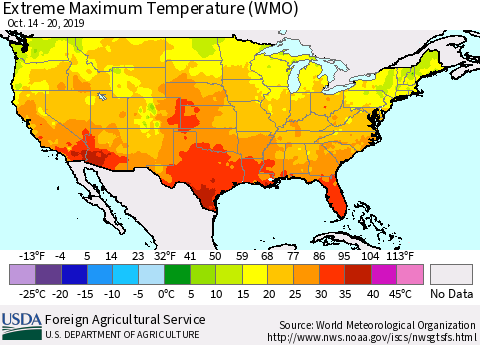 United States Maximum Daily Temperature (WMO) Thematic Map For 10/14/2019 - 10/20/2019