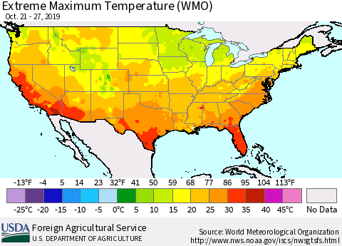 United States Maximum Daily Temperature (WMO) Thematic Map For 10/21/2019 - 10/27/2019