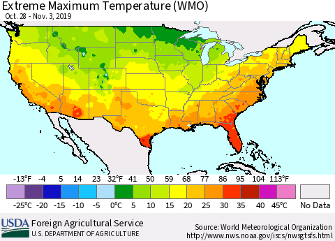 United States Maximum Daily Temperature (WMO) Thematic Map For 10/28/2019 - 11/3/2019