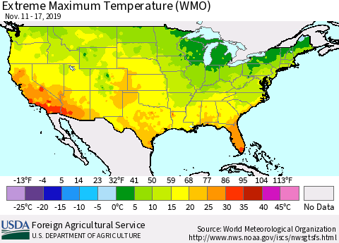 United States Maximum Daily Temperature (WMO) Thematic Map For 11/11/2019 - 11/17/2019