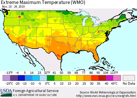 United States Maximum Daily Temperature (WMO) Thematic Map For 11/18/2019 - 11/24/2019
