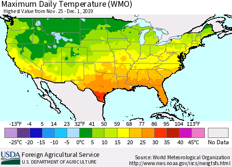 United States Maximum Daily Temperature (WMO) Thematic Map For 11/25/2019 - 12/1/2019