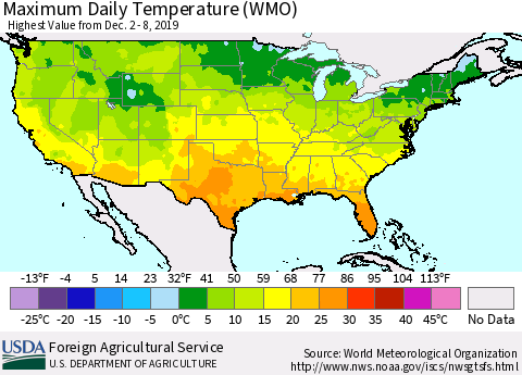 United States Maximum Daily Temperature (WMO) Thematic Map For 12/2/2019 - 12/8/2019