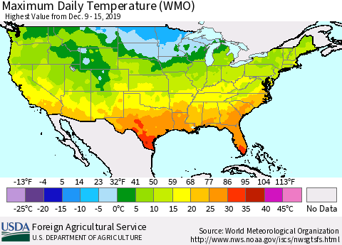 United States Maximum Daily Temperature (WMO) Thematic Map For 12/9/2019 - 12/15/2019