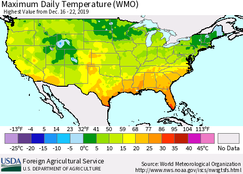 United States Maximum Daily Temperature (WMO) Thematic Map For 12/16/2019 - 12/22/2019