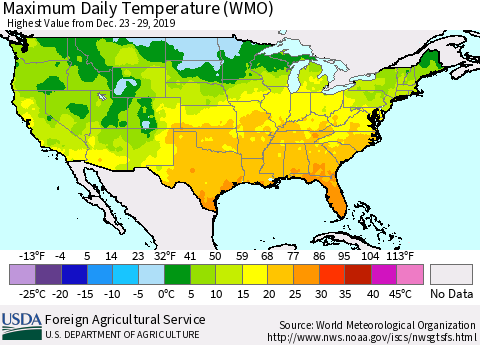 United States Maximum Daily Temperature (WMO) Thematic Map For 12/23/2019 - 12/29/2019