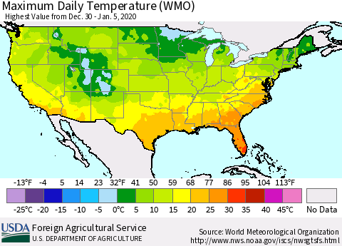 United States Maximum Daily Temperature (WMO) Thematic Map For 12/30/2019 - 1/5/2020