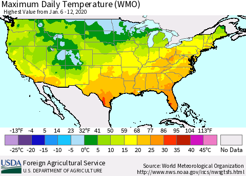 United States Maximum Daily Temperature (WMO) Thematic Map For 1/6/2020 - 1/12/2020