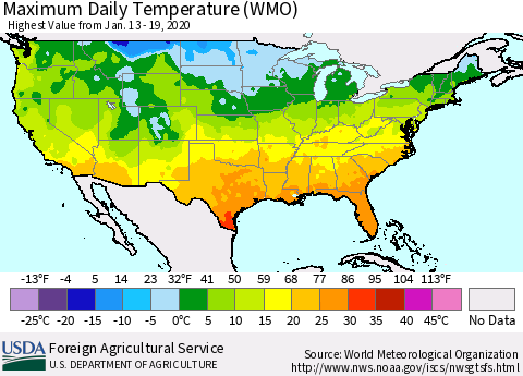 United States Maximum Daily Temperature (WMO) Thematic Map For 1/13/2020 - 1/19/2020