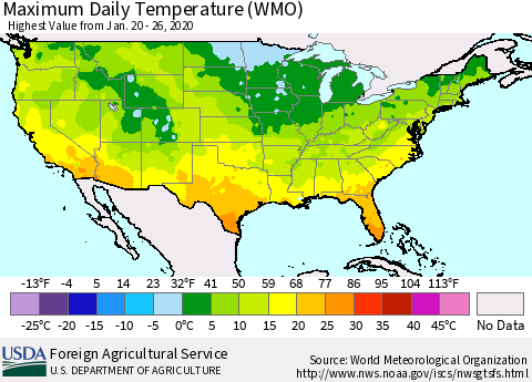 United States Maximum Daily Temperature (WMO) Thematic Map For 1/20/2020 - 1/26/2020