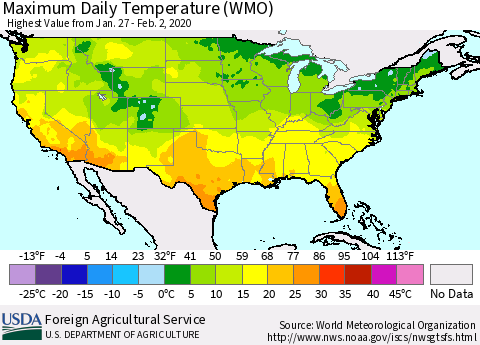 United States Maximum Daily Temperature (WMO) Thematic Map For 1/27/2020 - 2/2/2020