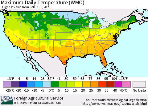 United States Maximum Daily Temperature (WMO) Thematic Map For 2/3/2020 - 2/9/2020