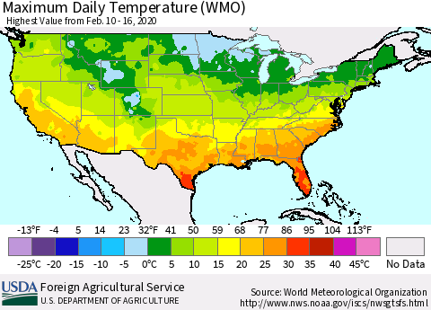 United States Maximum Daily Temperature (WMO) Thematic Map For 2/10/2020 - 2/16/2020