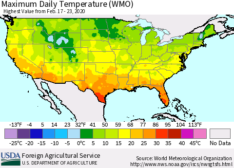 United States Maximum Daily Temperature (WMO) Thematic Map For 2/17/2020 - 2/23/2020