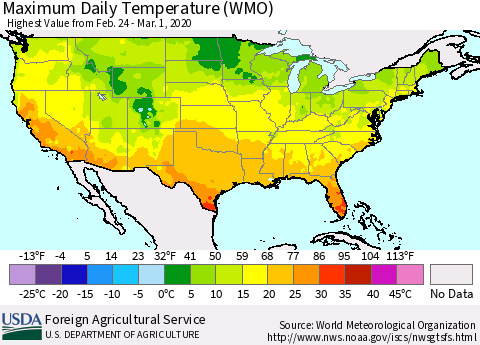 United States Maximum Daily Temperature (WMO) Thematic Map For 2/24/2020 - 3/1/2020