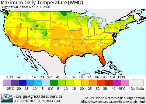 United States Maximum Daily Temperature (WMO) Thematic Map For 3/2/2020 - 3/8/2020