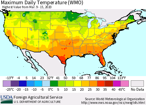 United States Maximum Daily Temperature (WMO) Thematic Map For 3/9/2020 - 3/15/2020