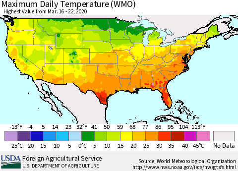 United States Maximum Daily Temperature (WMO) Thematic Map For 3/16/2020 - 3/22/2020