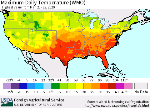 United States Maximum Daily Temperature (WMO) Thematic Map For 3/23/2020 - 3/29/2020