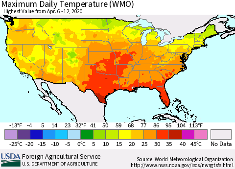 United States Extreme Maximum Temperature (WMO) Thematic Map For 4/6/2020 - 4/12/2020