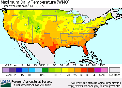 United States Maximum Daily Temperature (WMO) Thematic Map For 4/13/2020 - 4/19/2020