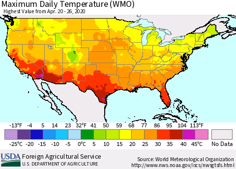 United States Extreme Maximum Temperature (WMO) Thematic Map For 4/20/2020 - 4/26/2020