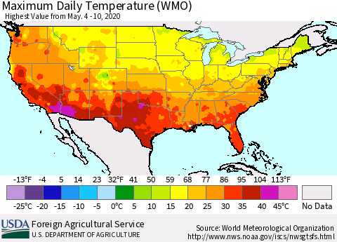 United States Maximum Daily Temperature (WMO) Thematic Map For 5/4/2020 - 5/10/2020
