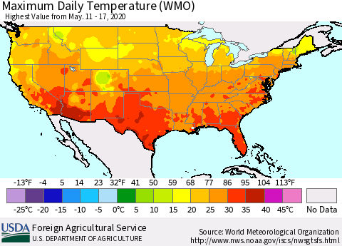 United States Maximum Daily Temperature (WMO) Thematic Map For 5/11/2020 - 5/17/2020