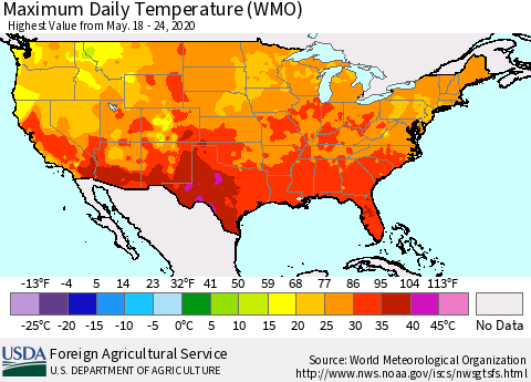 United States Extreme Maximum Temperature (WMO) Thematic Map For 5/18/2020 - 5/24/2020