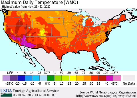 United States Maximum Daily Temperature (WMO) Thematic Map For 5/25/2020 - 5/31/2020
