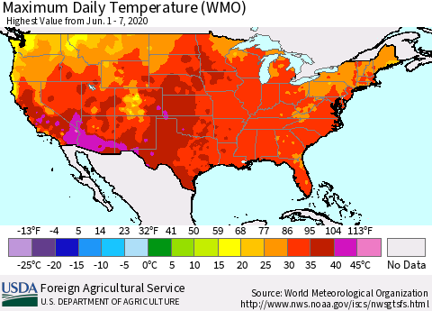 United States Maximum Daily Temperature (WMO) Thematic Map For 6/1/2020 - 6/7/2020