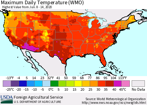 United States Maximum Daily Temperature (WMO) Thematic Map For 6/8/2020 - 6/14/2020