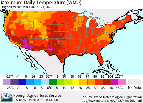 United States Maximum Daily Temperature (WMO) Thematic Map For 6/15/2020 - 6/21/2020
