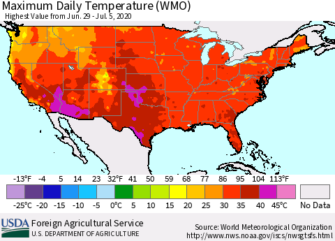 United States Maximum Daily Temperature (WMO) Thematic Map For 6/29/2020 - 7/5/2020