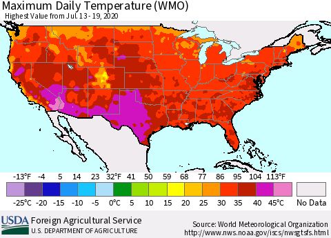United States Extreme Maximum Temperature (WMO) Thematic Map For 7/13/2020 - 7/19/2020