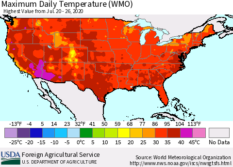United States Maximum Daily Temperature (WMO) Thematic Map For 7/20/2020 - 7/26/2020