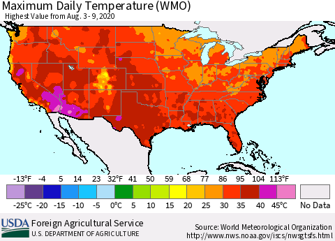 United States Extreme Maximum Temperature (WMO) Thematic Map For 8/3/2020 - 8/9/2020