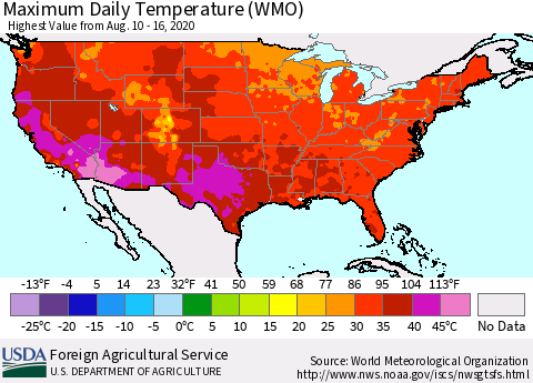 United States Maximum Daily Temperature (WMO) Thematic Map For 8/10/2020 - 8/16/2020