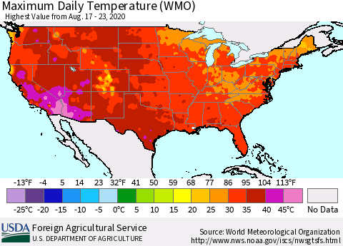 United States Maximum Daily Temperature (WMO) Thematic Map For 8/17/2020 - 8/23/2020