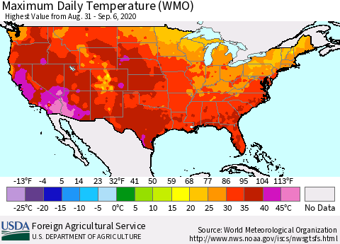 United States Maximum Daily Temperature (WMO) Thematic Map For 8/31/2020 - 9/6/2020