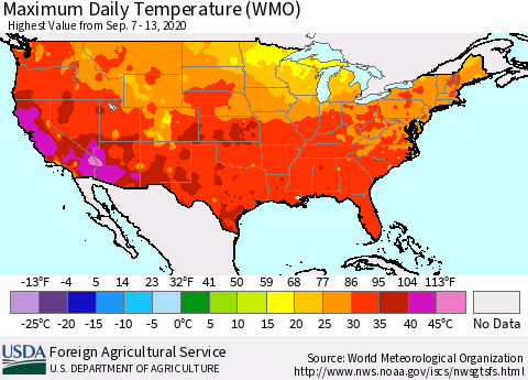 United States Maximum Daily Temperature (WMO) Thematic Map For 9/7/2020 - 9/13/2020