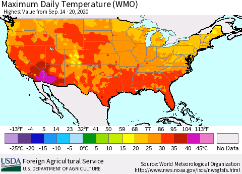 United States Maximum Daily Temperature (WMO) Thematic Map For 9/14/2020 - 9/20/2020