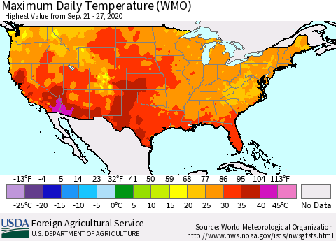 United States Maximum Daily Temperature (WMO) Thematic Map For 9/21/2020 - 9/27/2020